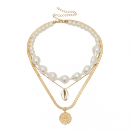 European and american cross-border jewelry, creative shell embossed flower necklace, personalized baroque pearl micro-inlaid multilayer necklace