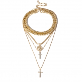 European and american cross-border jewelry, retro creative diamond cross necklace, exaggerated punk thick chain portrait multilayer necklace