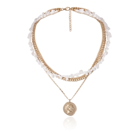 European and american cross-border jewelry, personalized multi-layer geometric chain necklace for women, simple original stone rice bead retro portrait necklace