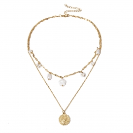 European and american cross-border jewelry, asymmetrical and creative personality, female retro embossed temperament imitation pearl multilayer necklace