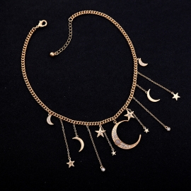 Retro necklace female temperament european and american fashion jewelry personality star and moon tassel necklace dress wild short sweater chain