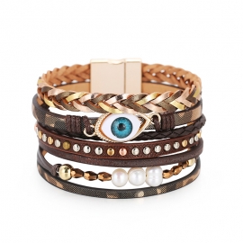European and american fashion bracelet devils eye pearl bracelet bohemian multilayer leather rivet bracelet