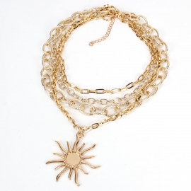 Fashion personality punk style ladies sun pendant thick chain multilayer necklace