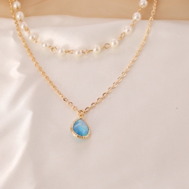 Fashionable personality all-matched drop-shaped semi-precious stone pendant imitation pearl chain double necklace