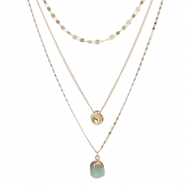 Amazon simple multi-layer necklace, resin imitation green natural stone, golden bowl bean pendant, copper disc handmade chain female