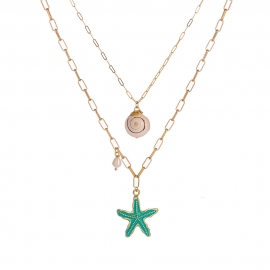 E-commerce hot-selling new products, green painted metal starfish pendant, natural shell freshwater pearl multilayer necklace
