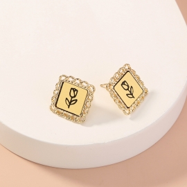 New product golden rose flower square earrings simple temperament fashion earrings cross-border direct selling personalized wild ear jewelry