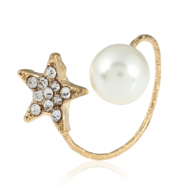 Simple style color-preserving gold non-fading ribbon diamond five-pointed star pearl ring female opening adjustable alloy jewelry wholesale