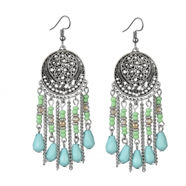 Cross-border exclusive long tassel rice bead earrings retro ethnic style hollow carved earrings earrings