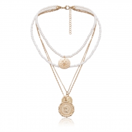 European and american cross-border jewelry, personalized portrait, beaded diamond necklace, retro multi-layer pearl embossed flower brand necklace