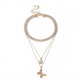 European and american cross-border jewelry cold geometric zircon flower necklace punk micro-inlaid multilayer small butterfly pendant necklace