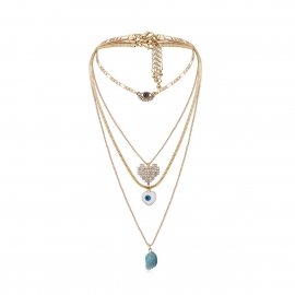 European and american cross-border jewelry retro turquoise geometric zircon necklace female personality heart-shaped eye relief multiple necklace