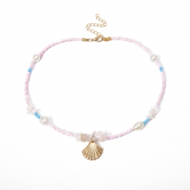 European and american cross-border jewelry, personalized beach, rough stone and rice bead necklace, feminine temperament, pearl and scallop, geometric multiple necklace