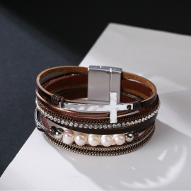 New bohemian pu leather bracelet multilayer broad-bound cross handmade pearl bracelet factory direct sales