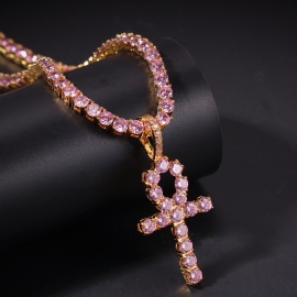 Aliexpress new hip hop pink color zircon ankh pendant tennis chain set copper inlaid zircon spot