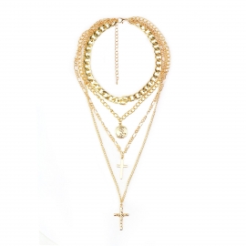 Cross-border hot-selling jewelry in europe and america exaggerated punk style cross portrait embossed pendant thick chain multilayer necklace