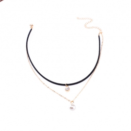Fashionable and simple korean style ladies imitation pearl glitter diamond pendant double layer necklace