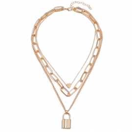 European and american cross-border personality retro multi-layer chain peach heart clavicle chain creative all-match alloy lock-shaped pendant necklace