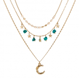 European and american cross-border new accessories, multilayer crescent pendant necklace, natural turquoise small star clavicle chain