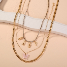 European and american new product simple and sweet pink acrylic butterfly necklace, letter baby pendant, multilayer rhinestone necklace