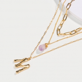 Hot new summer jewelry in europe and america, letter m pendant, light purple natural stone elegant and fashionable multi-layer necklace