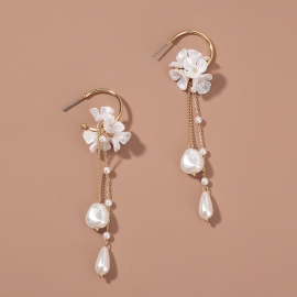New baroque pearl womens earrings flower cluster tassel long fresh art c-shaped ear hook earrings