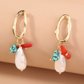 European and american new cross-border oval hollow earrings, clan style characteristic natural turquoise coral stone earrings