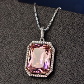 Simulation gem pink full diamond pendant classic retro large square aristocratic pendant 12*16 copper with gold electroplated finished necklace and zircon pendant