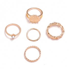 Fashion personality simple alloy ring simple round geometric portrait diamond joint 5 piece set ring