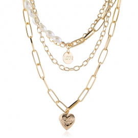 Oval pearl chain multi-layer necklace personality trend simple retro hollow love letter peach heart pendant necklace