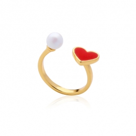 Copper-plated real gold pearl dripping oil heart-shaped opening ring female japanese and korean trend girl jewelry
