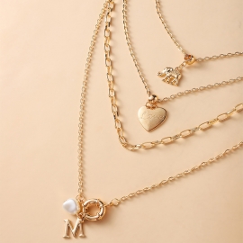 Japan and south korea cross-border jewelry alloy letter m imitation pearl hollow ring love elephant pendant lady multi-layer necklace