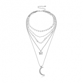European and american cross-border hot-selling jewelry fashion all-match diamond-studded moon butterfly pendant disc chain multi-layer necklace
