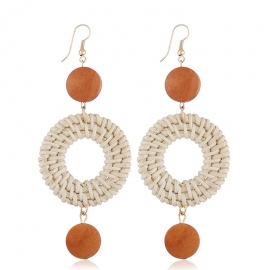 European and american style retro exaggerated geometric vine woven handmade earrings ethnic round wood rattan earrings