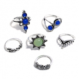European and american new joint ring wish hot sale retro exaggerated gemstone sun flower combination 6-piece set ring