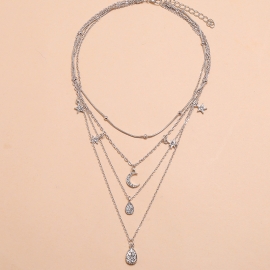 European and american fashion personality temperament versatile exquisite necklace simple retro diamond-studded star moon water drop multi-layer necklace