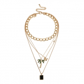 European and american cross-border jewelry, personalized gemstone stacking multi-layer necklace, creative three-dimensional butterfly coconut tree tassel necklace