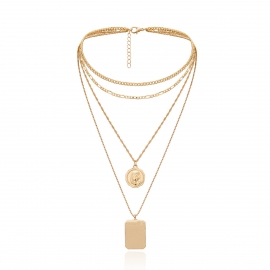 European and american cross-border jewelry personality square round bead chain necklace geometric simple embossed pendant multi-layer necklace female