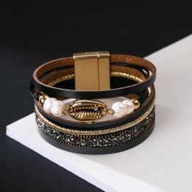 New european and american jewelry popular leather diamond bracelets bohemian multi-layer bracelets beaded conch pearl bracelets