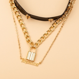 European and american cross-border hot models punk leather rivet collar lock letter shaped pendant double necklace set 2