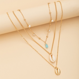 European and american cross-border hot-selling jewelry fashion retro style natural shell imitation pearl pendant multilayer necklace