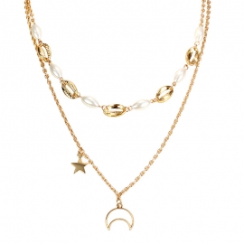 Fashion simple and elegant style ladies hollow moon five-pointed star pendant shell imitation pearl chain double necklace