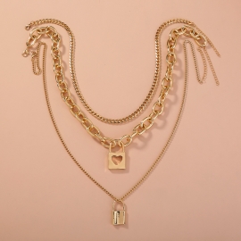 European and american foreign trade jewelry metal texture punk style multilayer necklace exaggerated thick chain lock-shaped pendant love necklace