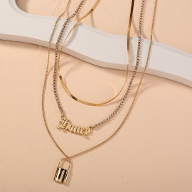 European and american cross-border jewelry, personalized gothic letter multi-layer necklace, metal lock-shaped fashion rhinestone claw chain necklace