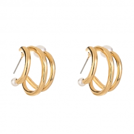 European and american fashion hot sale creative design superimposed circle baroque pearl c-shaped earrings metal ladies earrings