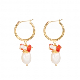 Summer fashion all-match jewelry double c-shaped golden ear hooks natural freshwater pearls coral earrings