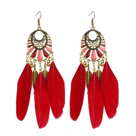 Cross-border hot-selling earrings oval oil dripping long tassel feather earrings retro hot-selling personality exaggerated earrings