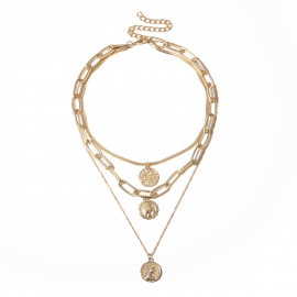 European and american cross-border jewelry, personalized geometric creative chain necklace, retro embossed multilayer portrait sweater chain