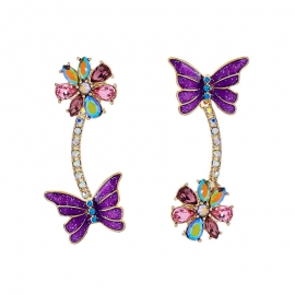 Colorful gemstone flower drop oil butterfly asymmetric earrings female temperament all-match earrings