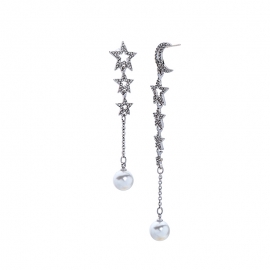 S925 silver needle earrings super fairy long face thin earrings korean temperament star and moon asymmetric earrings